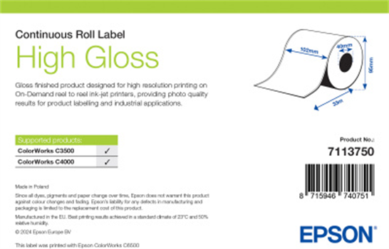 High Gloss Label, Cont Roll, 102mm x 33m